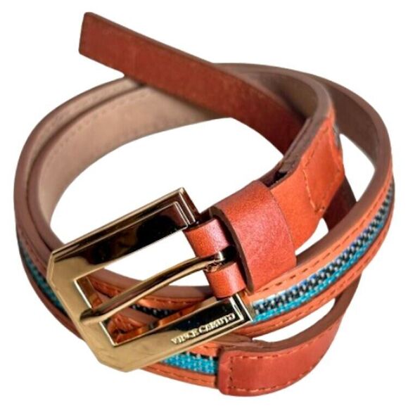 Vince Camuto Skinny Belt Tan Brown Faux Vegan Leather Blue Tapestry Inset - Picture 1 of 11